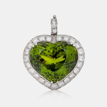 559. A circa 45.00 ct peridot and diamond pendant. Total carat weight of diamonds circa 1.50 cts.