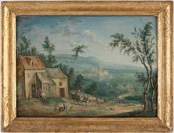 420. Joseph van Bredael Circle of, Extensive landscape with buildings and figures.