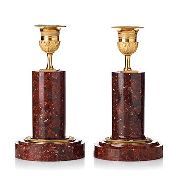 84. Two matched of 19th century Empire-style porphyry  candlesticks.