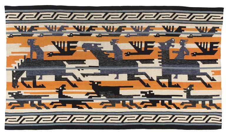 Märta Måås-Fjetterström, VÄVD TAPET. "Odins jakt"/"Odens jakt"/"Odens jagt". Rölakan. 120,5 x 213  cm. Komponerad av Märta Måås-Fjetterström.