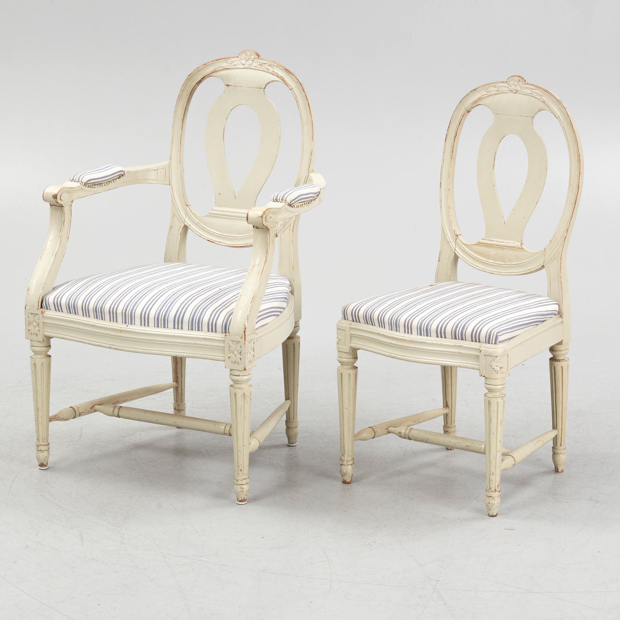 Stolar, 4 st och karmstolar, ett par, gustaviansk stil, 1900-talets första hälft.