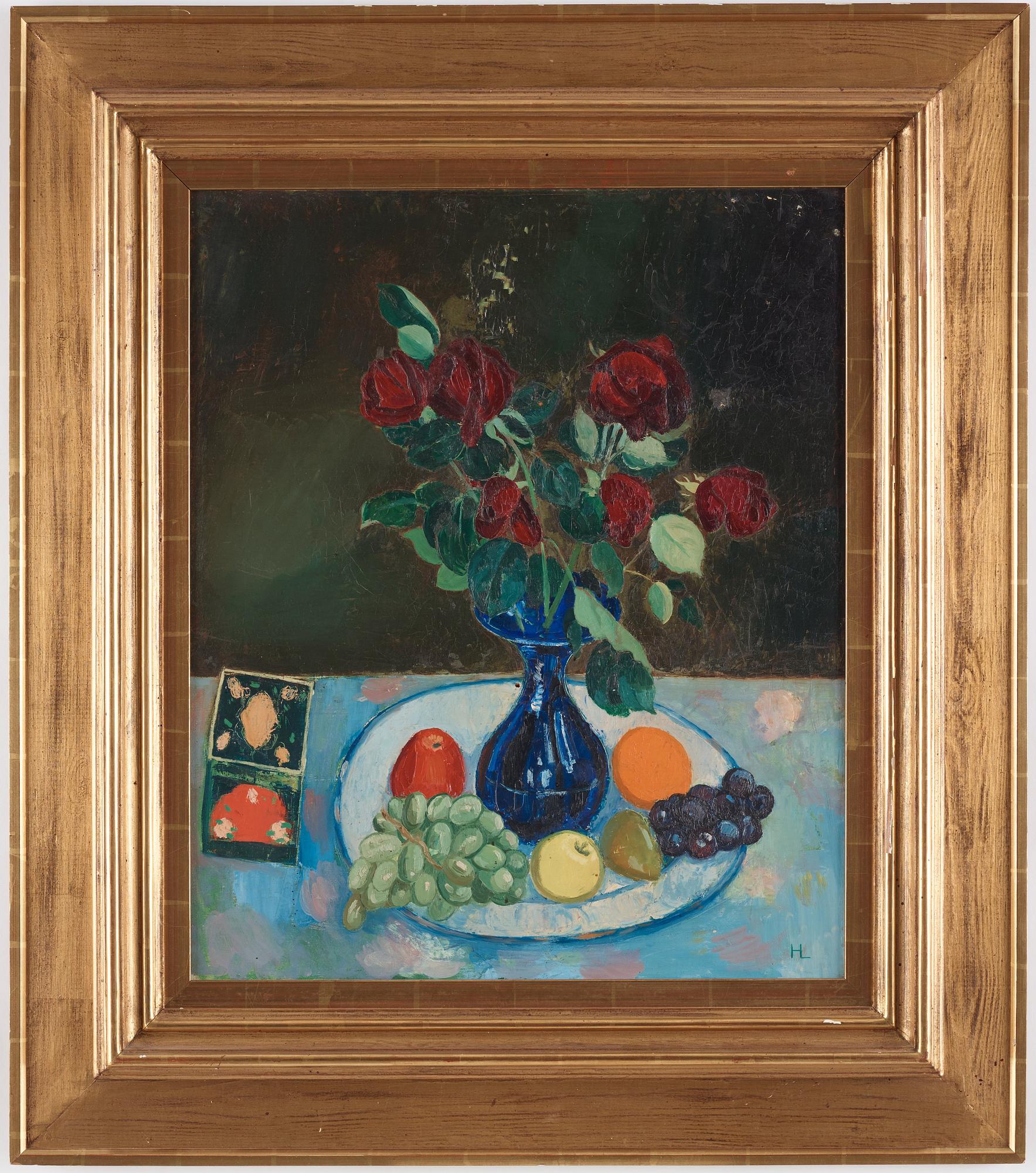 Hilding Linnqvist, Stilleben med rosor och frukter.