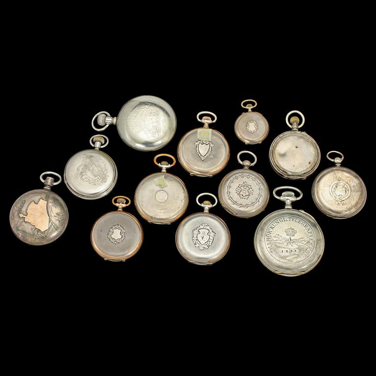FICKUR, 12 st, bl a Omega samt Telegrafur, 1800/1900-tal.