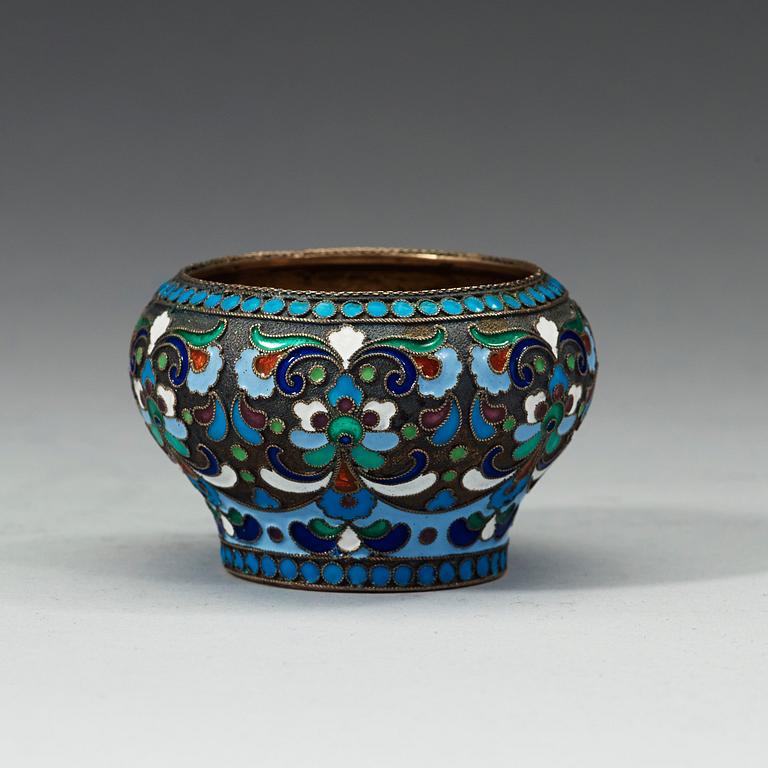 A Russian late 19th century silver-gilt and enamel salt, marks of Pyetr Baskakov, Moscow.