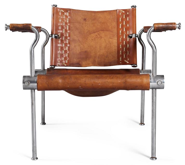 A unique Hans Asplund steel and brown leather armchair, for KF, Sweden 1949.