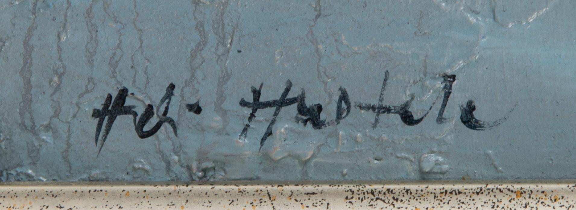 Heli Huotala, blandteknik på pannå, signerad.