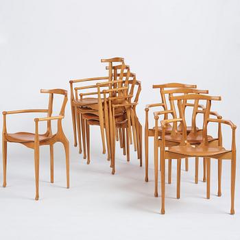 Oscar Tusquets Blanca, a set of 8 oak chairs, "The Gaulino Chair", Carlos Jane, Spain, first edition ca 1987-1988.