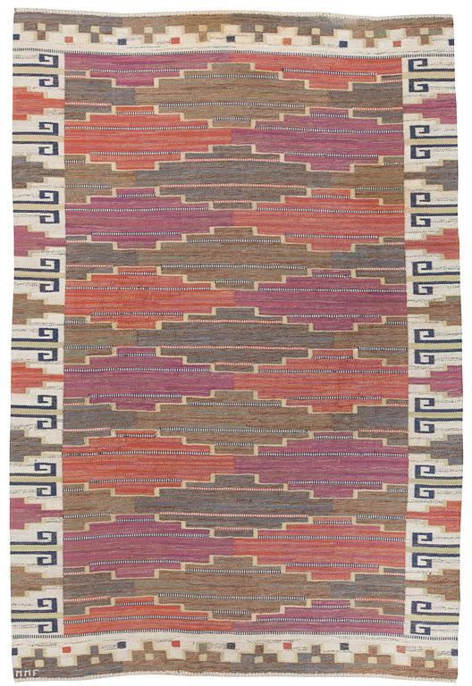 A CARPET, "Bruna heden", flat weave, 306 x 204 cm, signed MMF.