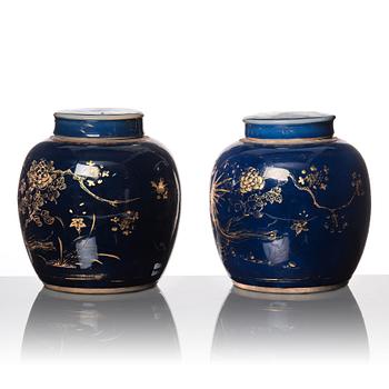 A pair of blue glazed Chinese jars with covers, Qing dynasty, Qianlong (1736-95).