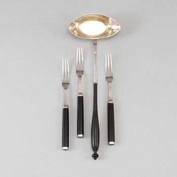 A Swedish 18th century siver sauce ladle and three forks, unidentified makers mark, Stockholm 1778.