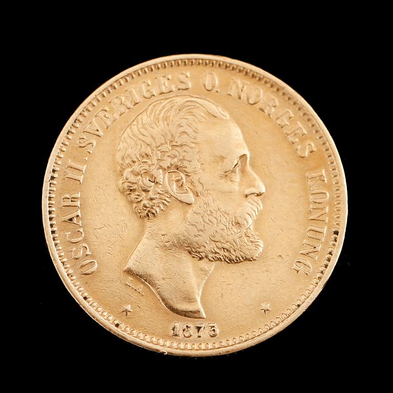 GULDMYNT, 20 kronor, Oscar II, 1875.  Vikt ca 9 gram.
