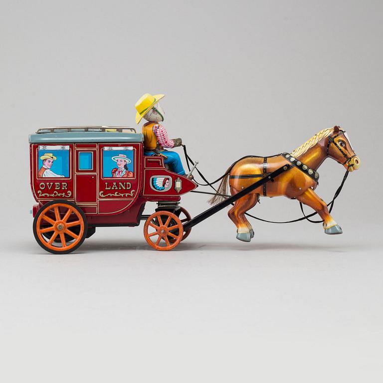 A mid 20th century tin toy horse and carriage, Cragston Toy, Japan.