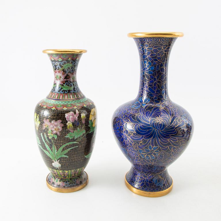 Vases 3 pcs and incense burner China cloisonné works 20th century.