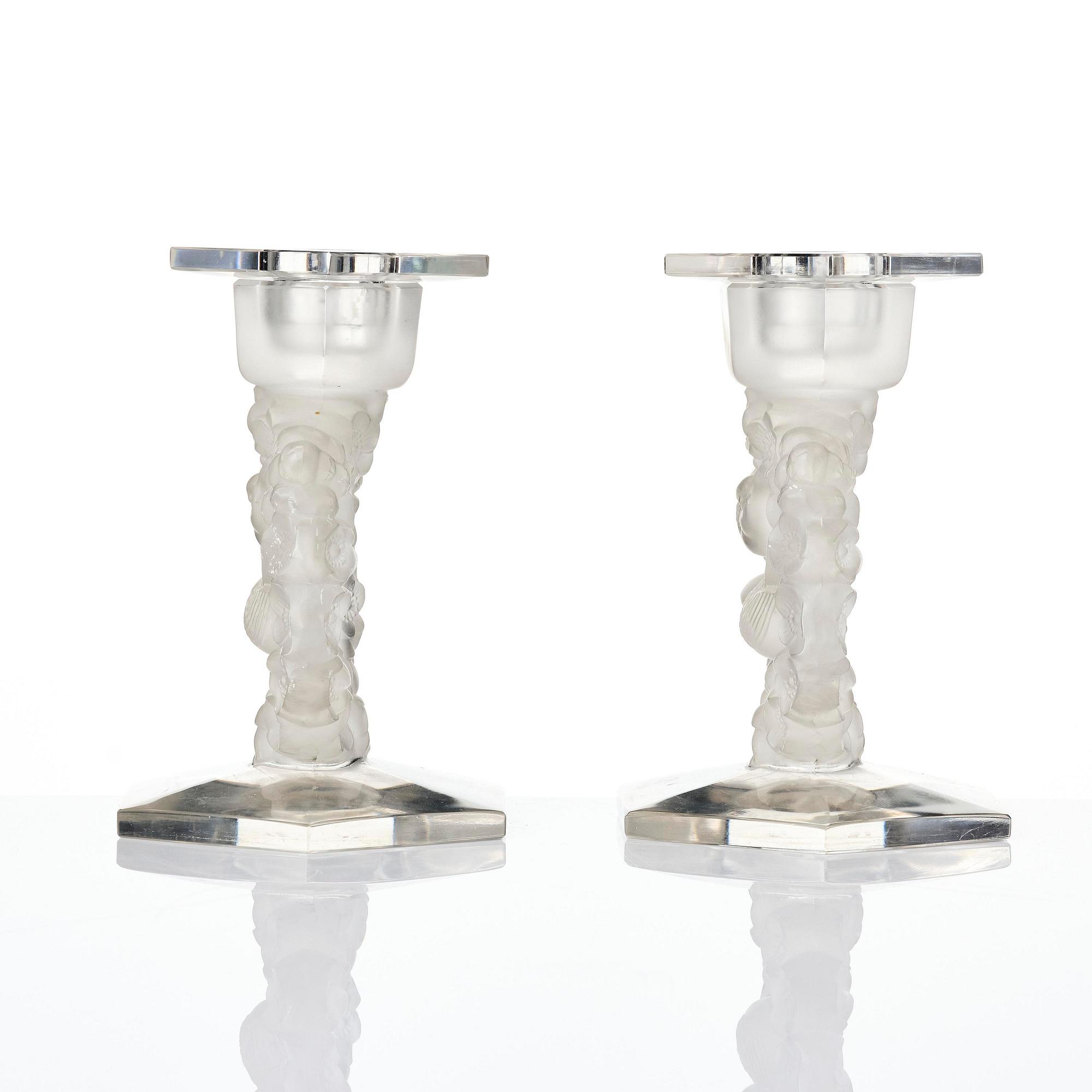 René Lalique, a pair of “Mésanges” cast glass candlesticks, France, post-1943.