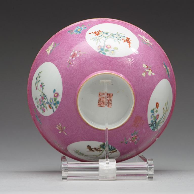 A pink sgraffitto bowl, Qing dynasty with Daoguangs mark in red.