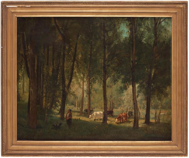 Charles Francois Daubigny Attributed to, Summer landscape with cows.