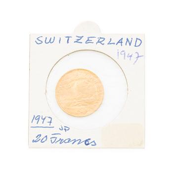 Gold coin, Switzerland, 20 Franc, 1947.
