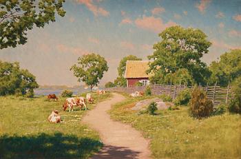 Johan Krouthén, Summer landscape with cabin, lake and cows.