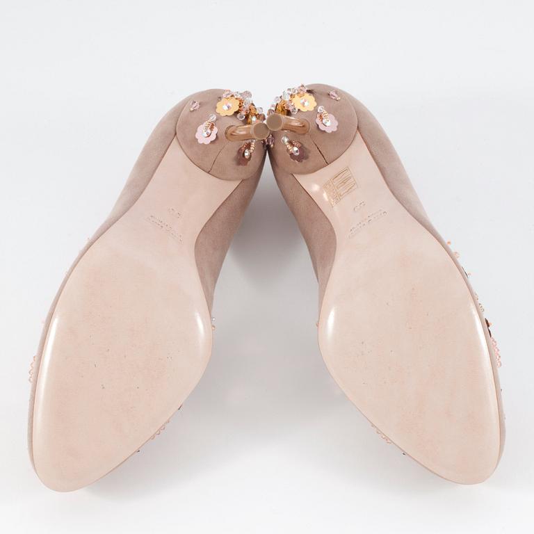 MIU MIU, a pair of beige suede pumps with sequined embellishment, size 39.