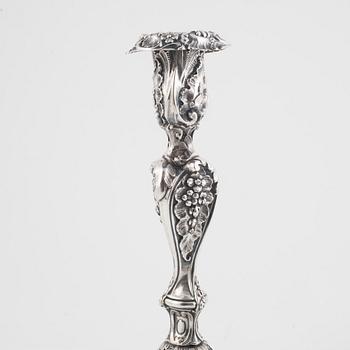 A Pair of Swedish Silver Rococo-Revival Candlesticks, mark of Christopher Creutz, Stockholm 1862.