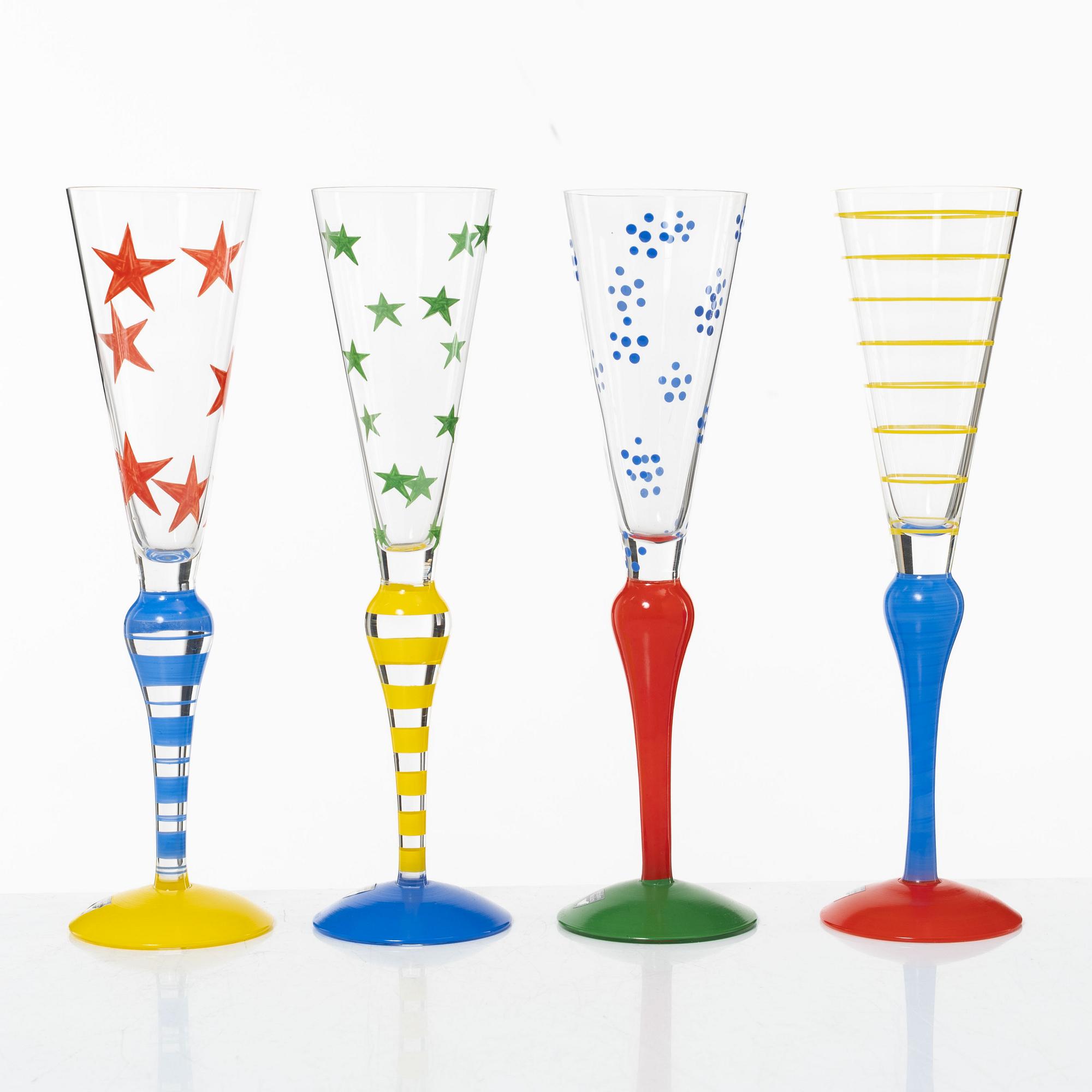 Anne Nilsson, a set of four 'Clown' champagne glasses, Orrefors.