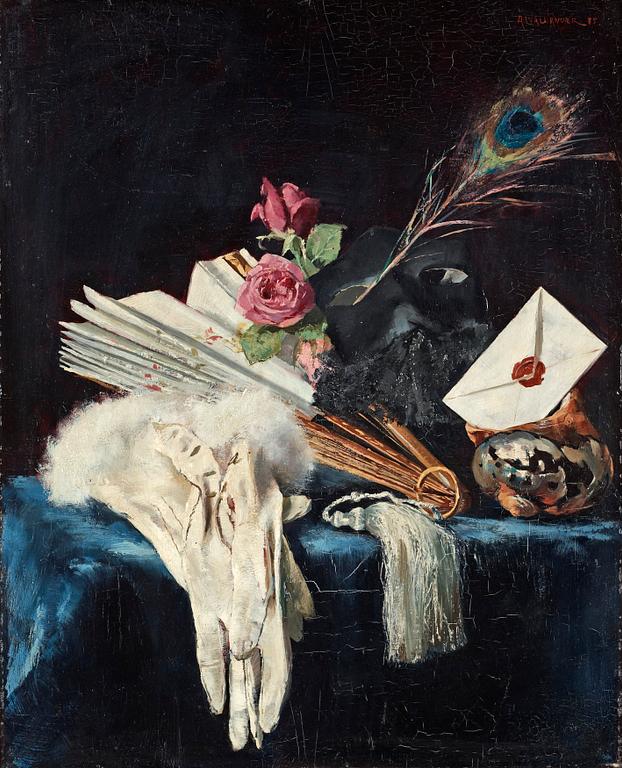 Alf Wallander, Still life with fan, roses and peacock feather.