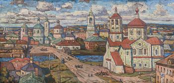 Piotr Ivanovich Petrovichev, VIEW OF TOROPETS. Signed indistinctly. Tempera on board. 46x95 cm.