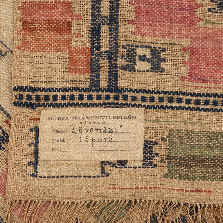 Märta Måås-Fjetterström, A textile, "Lövendal", flat weave, ca 145,5-147 x 70-71,5 cm, signed MMF.