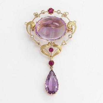 Brooch, ca 14K gold, amethysts, rubies, old- and rose-cut diamonds, Russia.