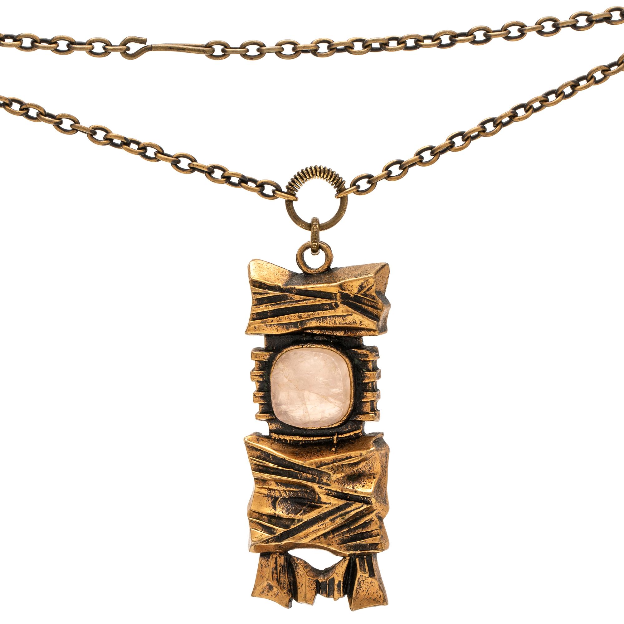 Penttii Sarpaneva halsband brons med rosenkvarts, total längd ca 70 cm, hänge ca 7 x 3 cm.