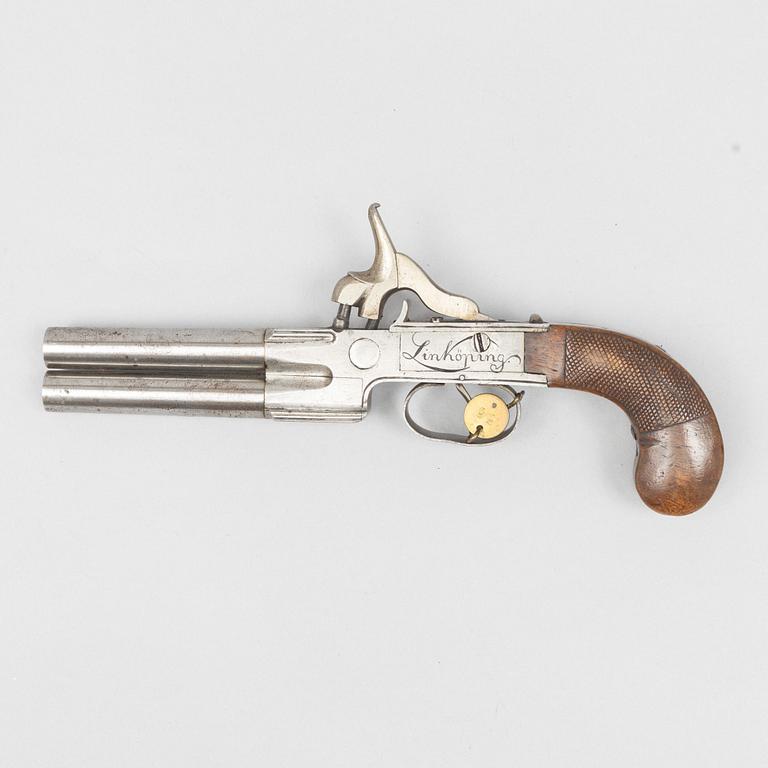 Percussion pistol, double-barrelled, signed A Sjöberg, Linköping, (Axel S. active 1766-1834).