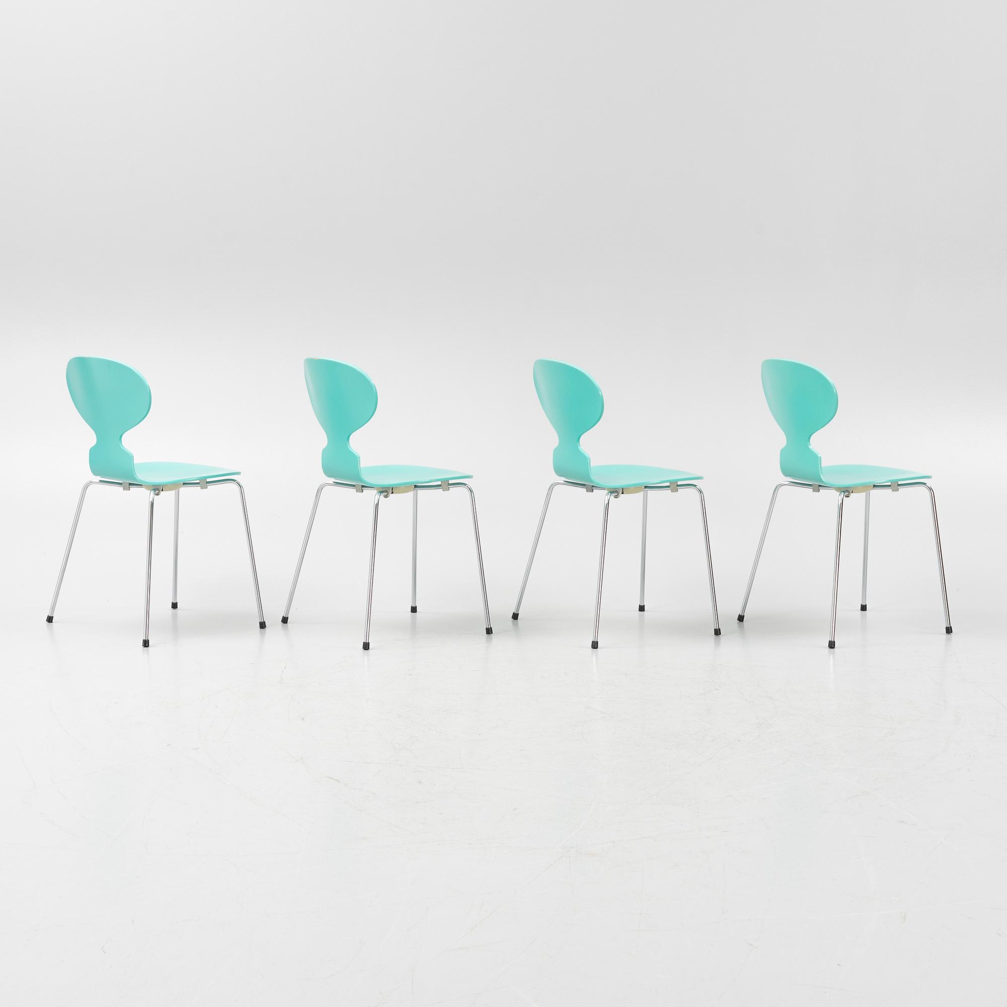Arne Jacobsen, four 'Ant' chairs, Fritz Hansen, Denmark, 1992-97.