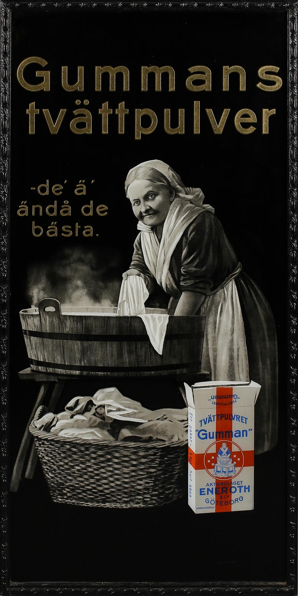 REKLAMSKYLT, tryck på glas, 1900-talets första hälft.