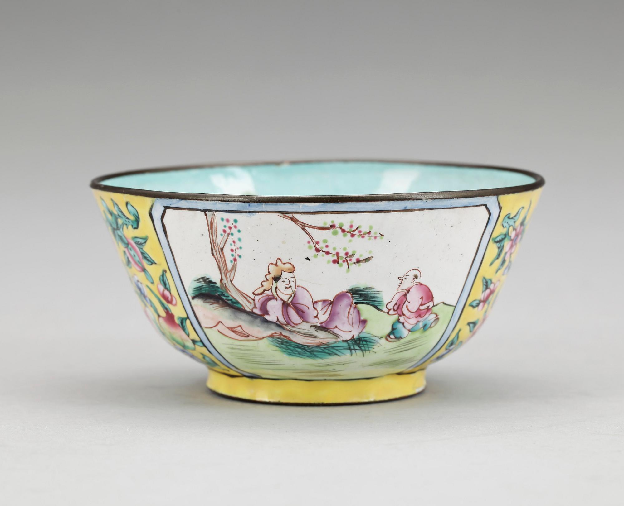 SKÅL, emalj på koppar, Kina, 1700/1800.-tal.