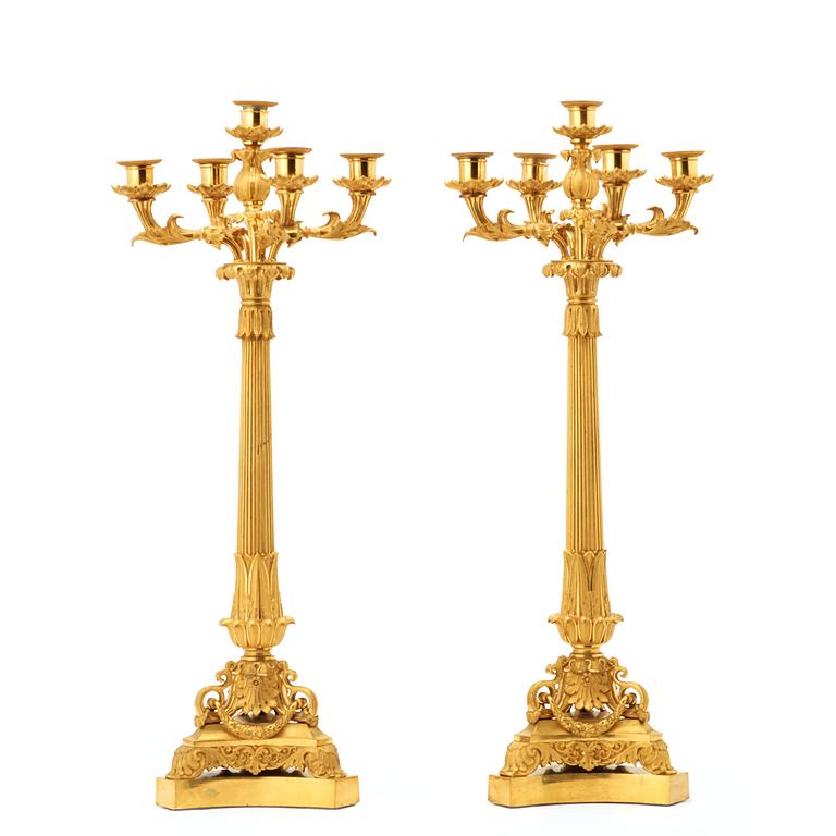 A pair of French 19th century five-light candelabra.