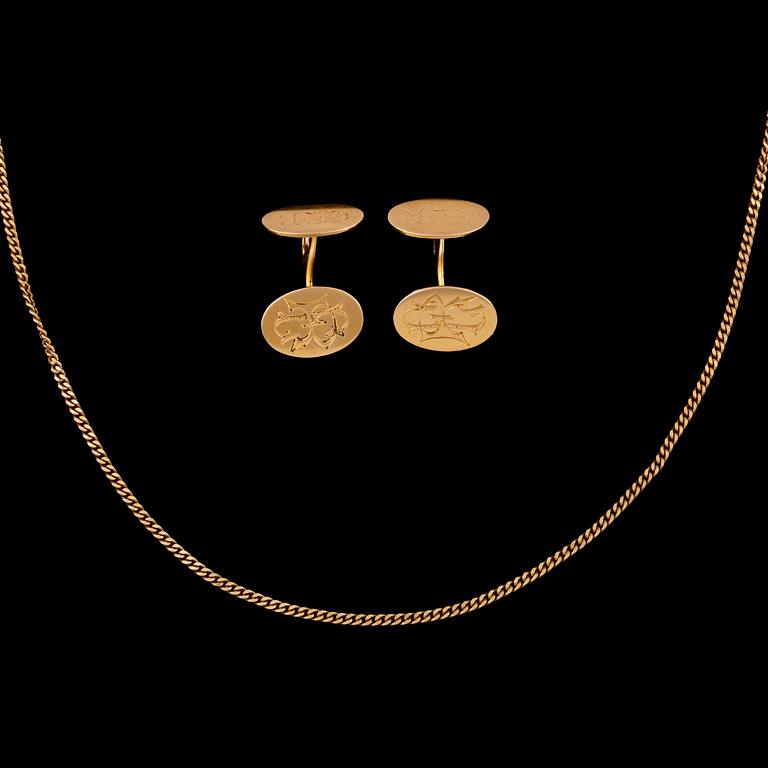 MANSCHETTKNAPPAR samt KEDJA, 18k guld, bla. Gustav Dahlgren, Malmö, 1914. Total vikt ca 13 gram.