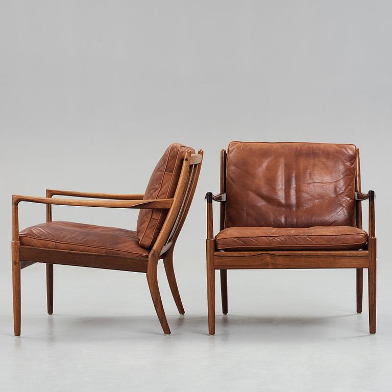 Ib Kofod-Larsen, a pair of "Samsö" palisander and brown leather easy chairs, Olof Persons Fåtöljindustri (OPE) Sweden 1960's.