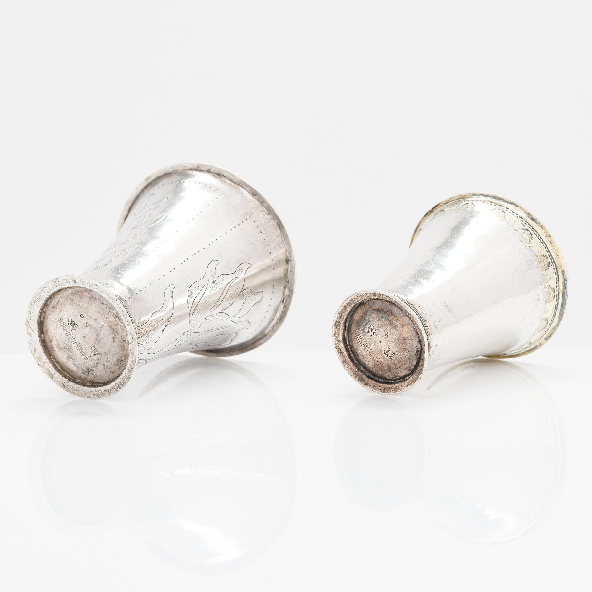 Two 18th-century Swedish silver beakers, Petter Zettersteen 1712-44 and Nils Orstedt, 1756.