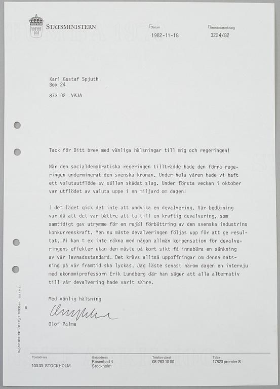 OLOF PALME. 18 hand signed letters dated September 1982-February 1986.