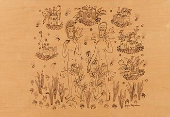 BIRGER KAIPIAINEN, drawing, black ink on plywood, signed.