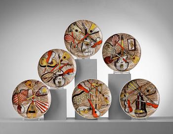 159. A set of six Piero Fornasetti 'Strumenti Musicali' porcelain plates, Milano, Italy.