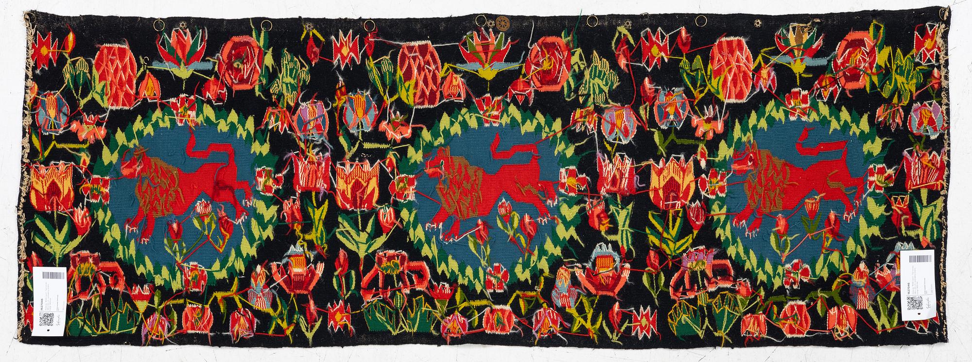 Åkdyna, "Rött Lejon", flamskväv, 140 x 50 cm, sydvästra Skåne, tidigt 1900-tal.