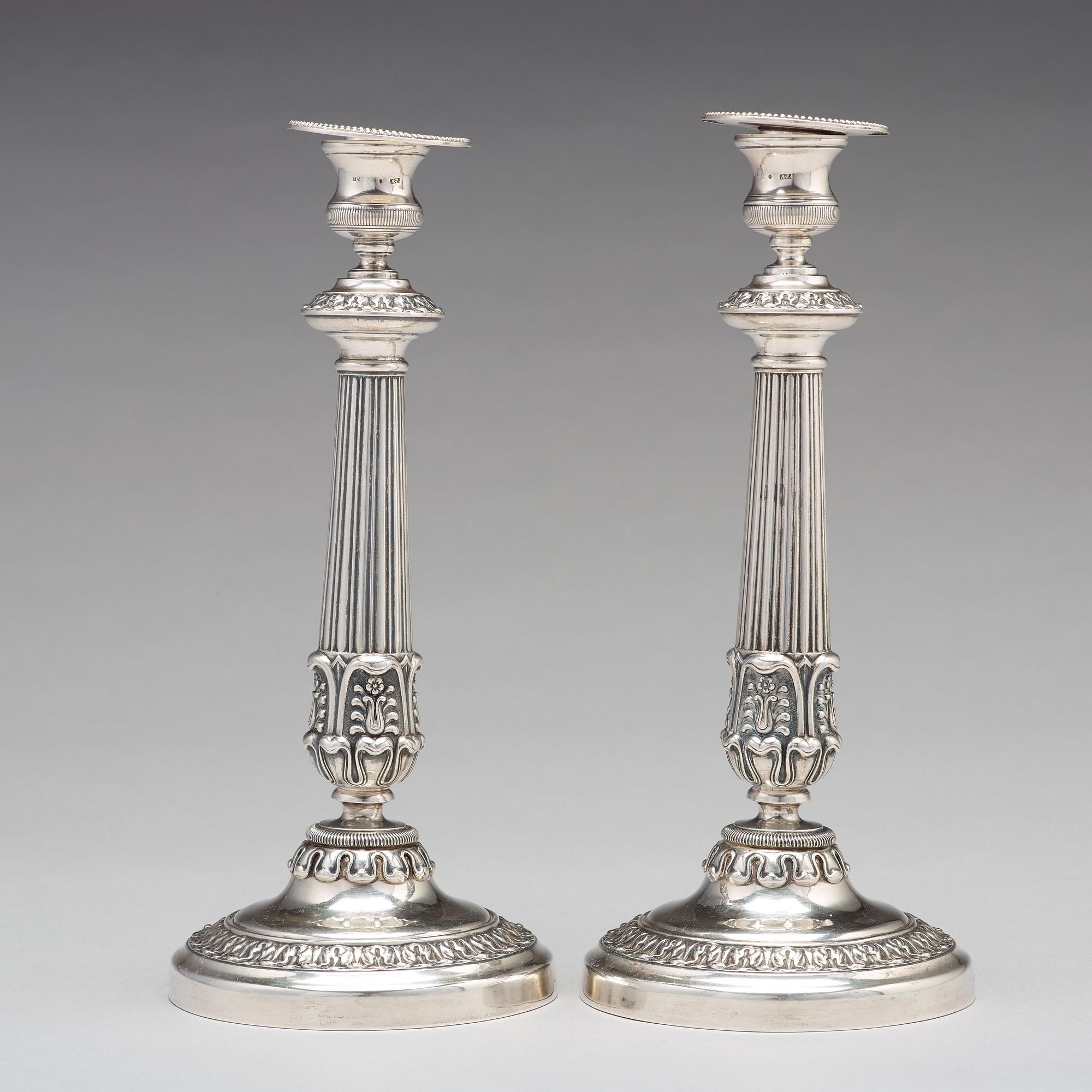 Adolf Zethelius, ljusstakar, ett par, silver, Stockholm 1838. Empire.