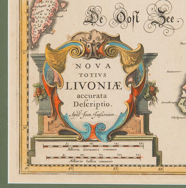 Karta, Nova Totius Livoniae, handkolorerat, kopparstick, Janssonium ca 1660.