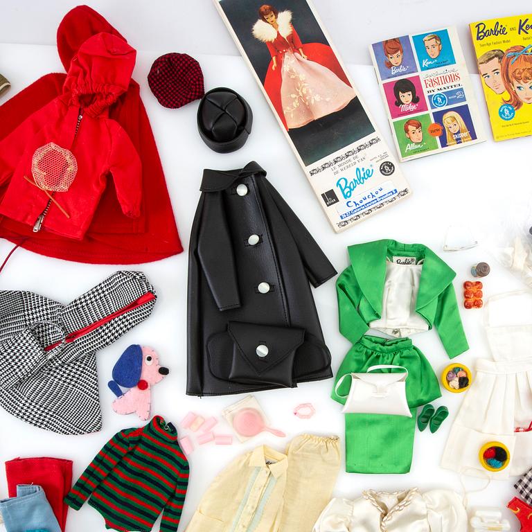 Barbie wardrobe along with clothes and accessories, 1960s, including "Theatre date" 1964.