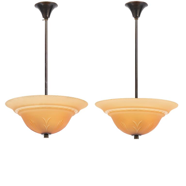 Edward Hald, a pair of ceiling lamps, Orrefors, 1930s.