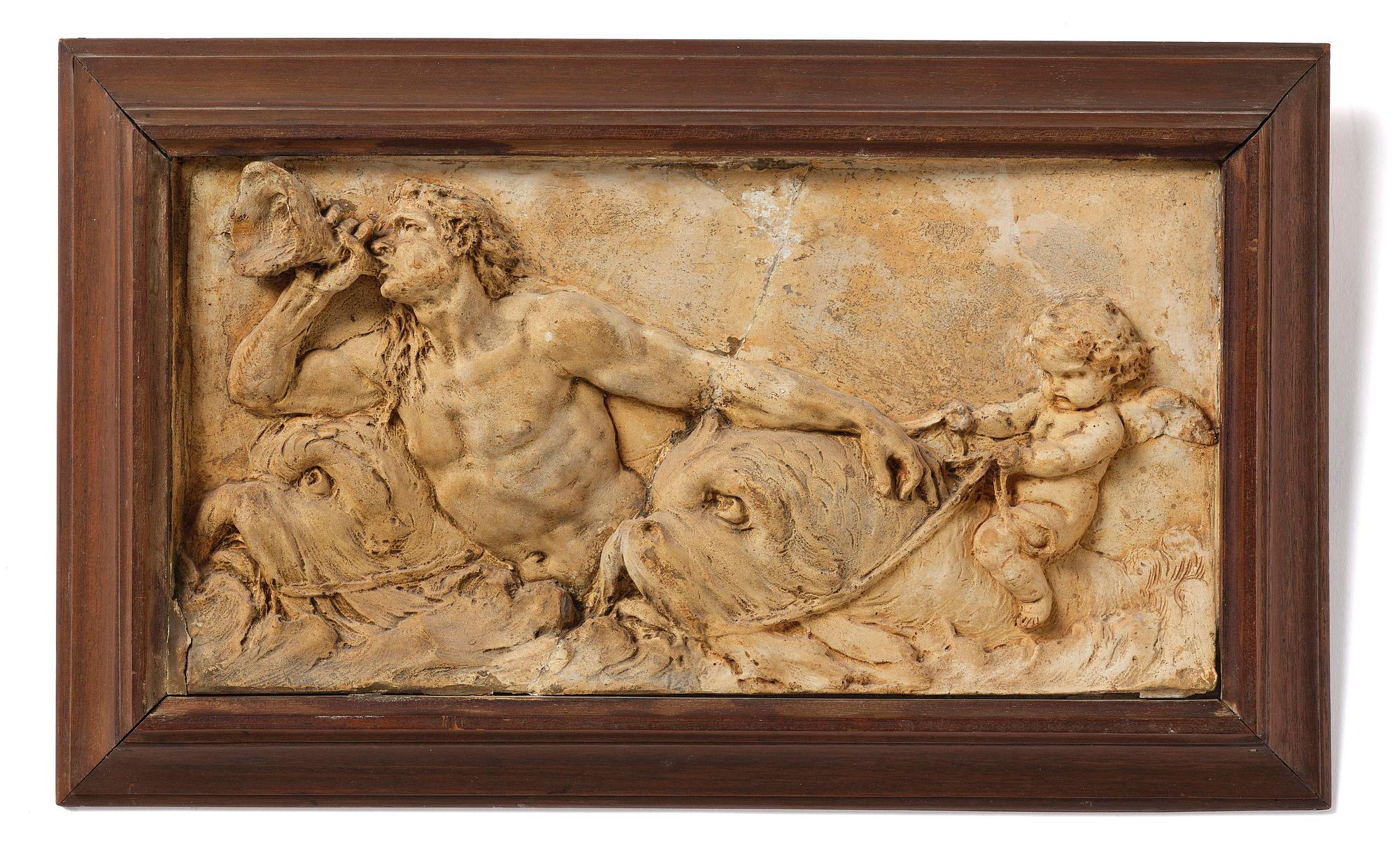 Claude Michel Clodion, attributed to, A relief depicting a nereid riding a dolphin alongside a triton blowing into a conch.