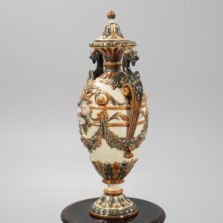 A majolica pedestal and an urn, Rörstrand, early 20th Century.