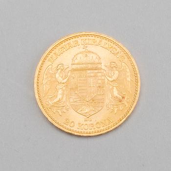 GOLD COIN HUNGARY FRANZ JOSEPH I, 20 KORONA, 1893. 23 K.