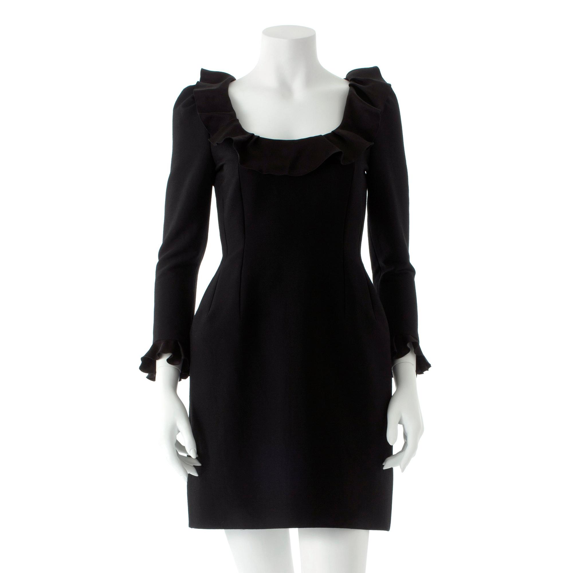 LANVIN, a black wool blend dress with ruffles.